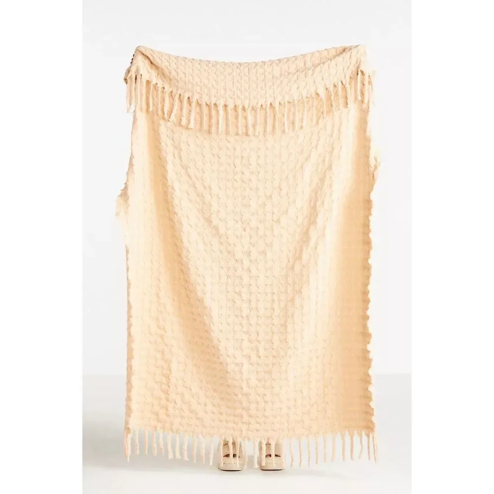 NWT Anthropologie Tasseled Lucille Throw Blanket In Cream Pink 50x70”